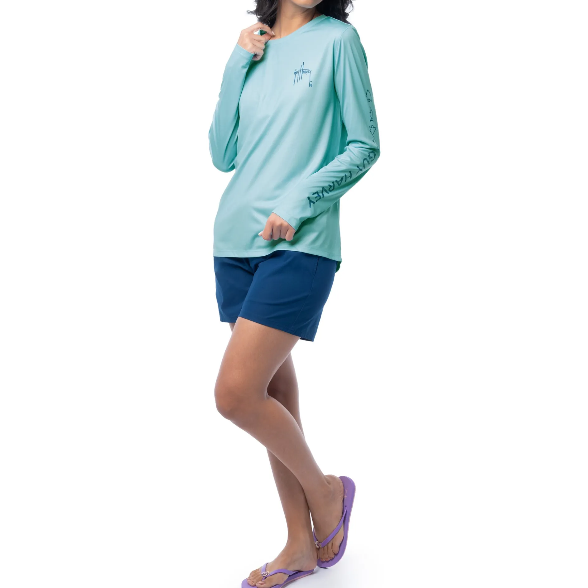 Ladies Blue Solid Long Sleeve Sun Protection Shirt
