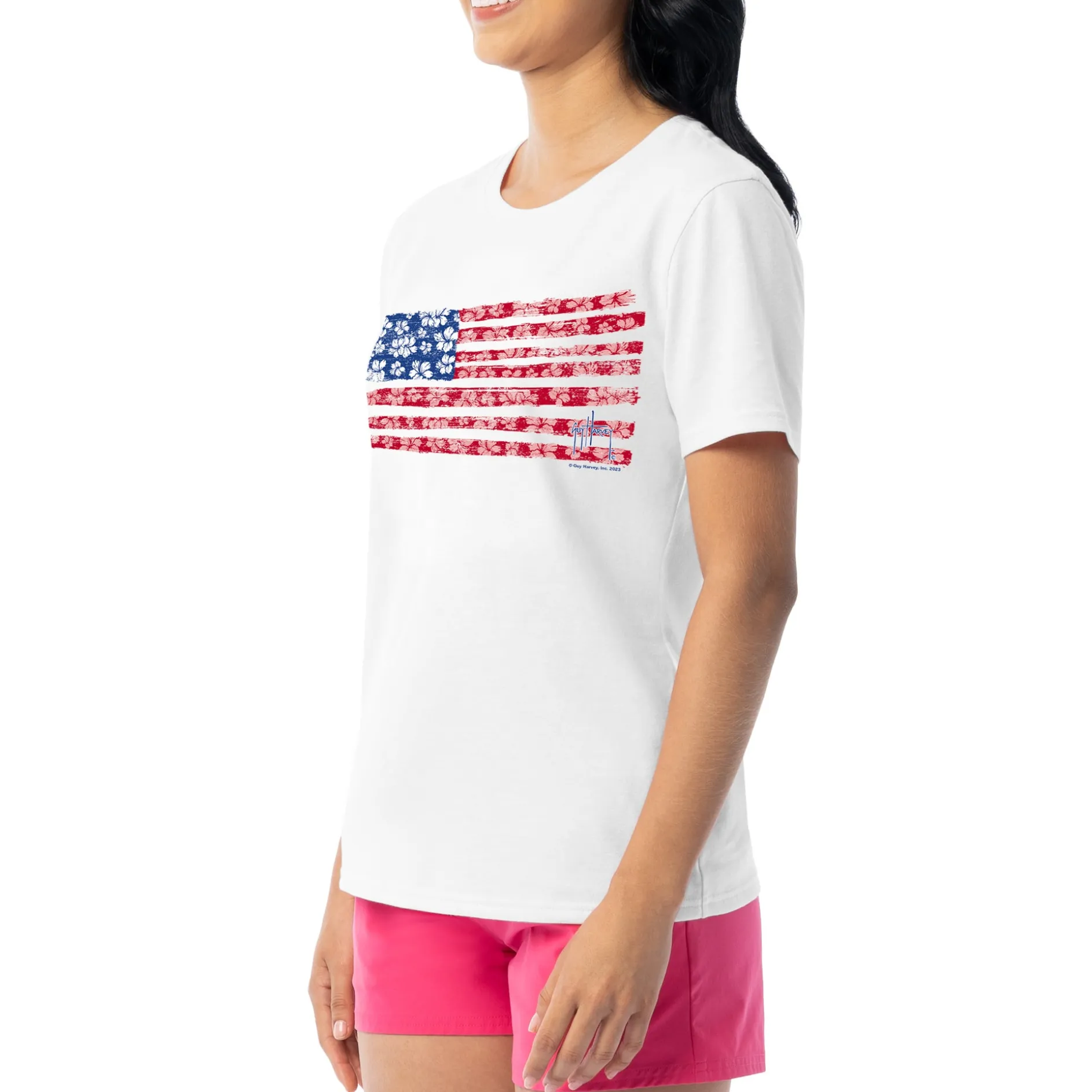 Ladies Flower Floral Short Sleeve Crew Neck T-Shirt