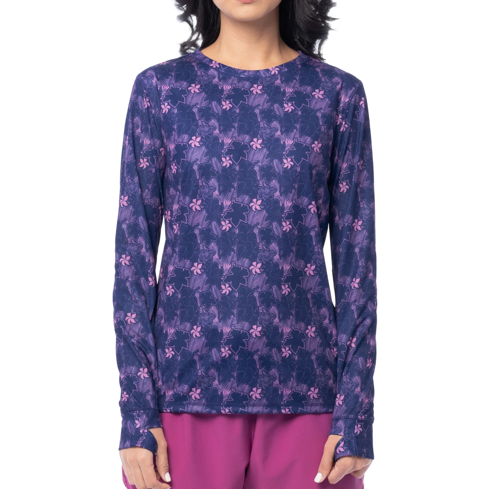 Ladies Hibiscus Outline Long Sleeve Sun Protection Shirt