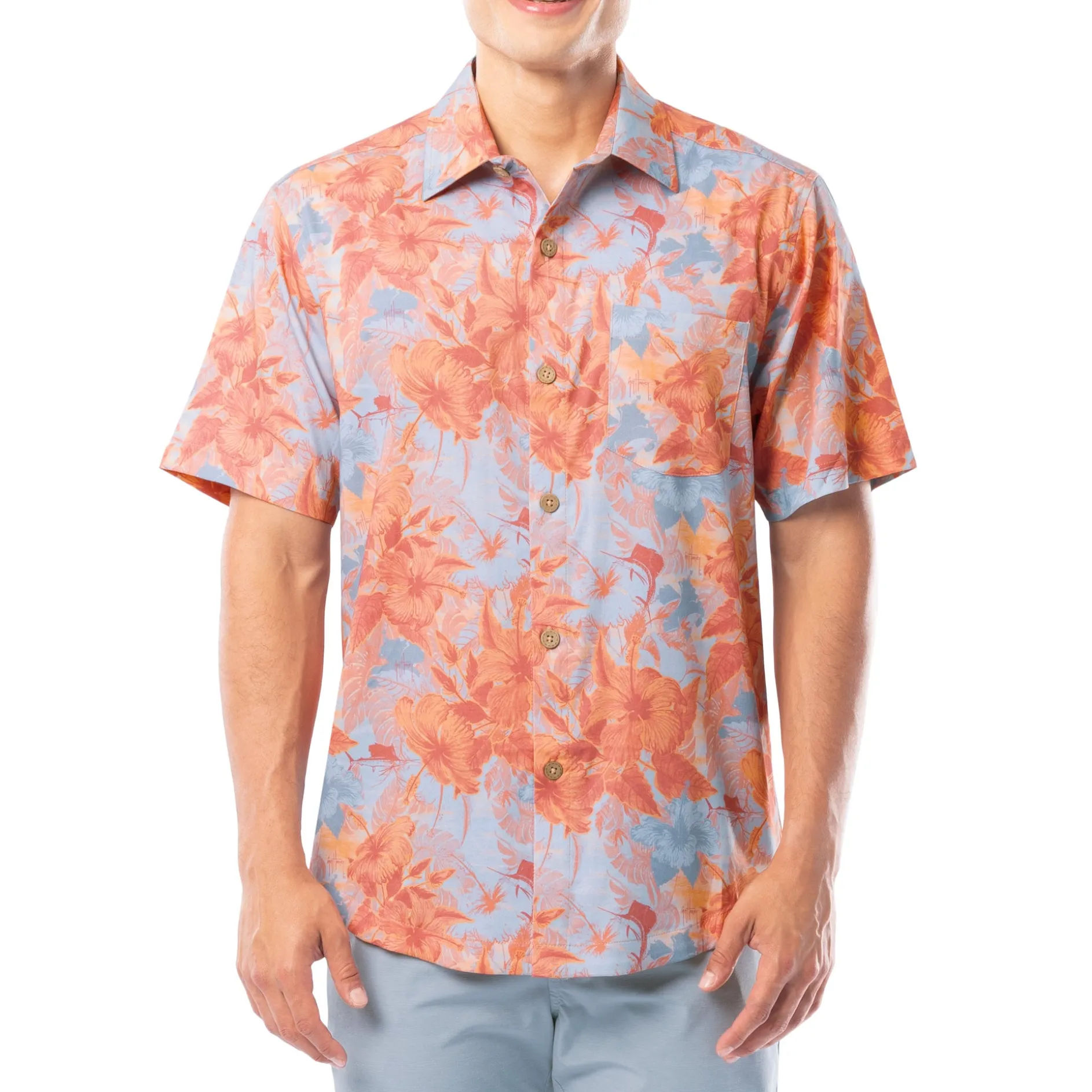 Men's Coral Hibiscus Key Printed Resort Shirt