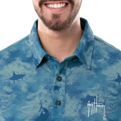 Men's Short Sleeve Urban Palms Blue Printed Performance Polo Shirt