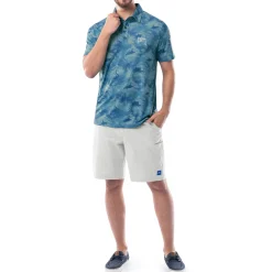 Men's Short Sleeve Urban Palms Blue Printed Performance Polo Shirt